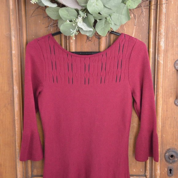 Nic & Zoe Burgundy Illusion Twirl Knit Sweater Dress Womens Size XS Bell Sleeves - Picture 4 of 15